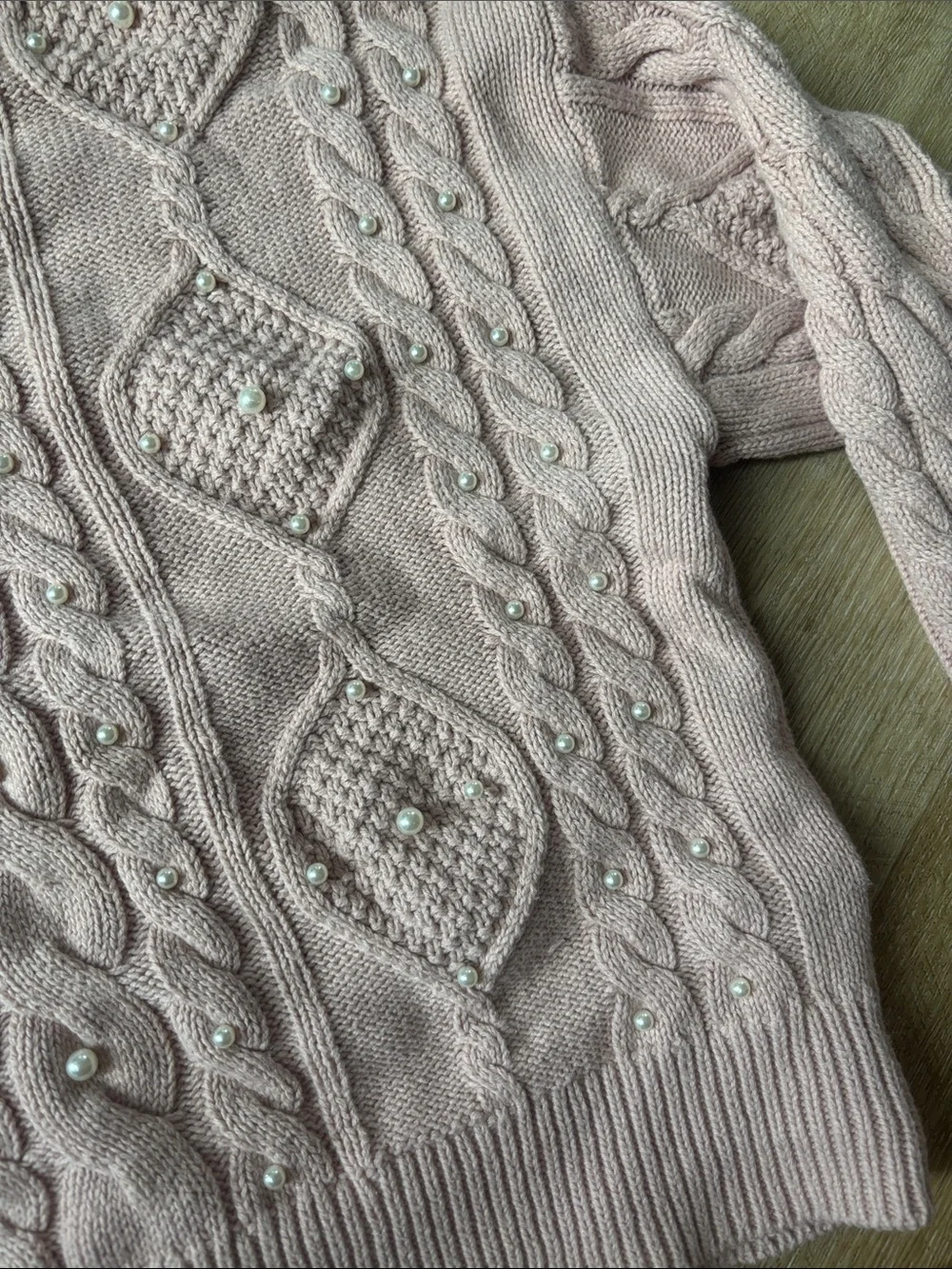 Women's Pink Cable Knit Sweater with Pearl Accents
